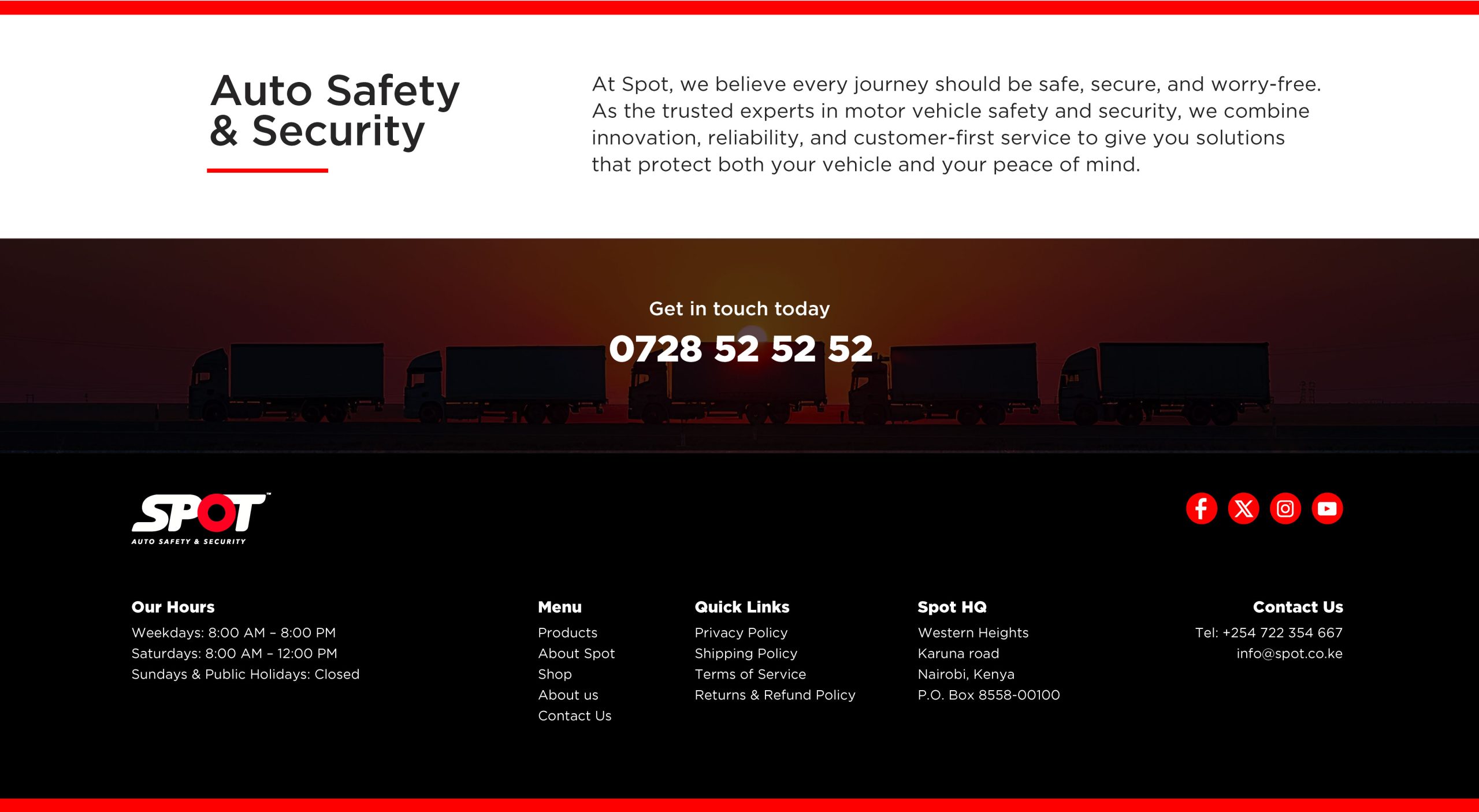 At Spot, we believe every journey should be safe, secure, and worry-free. As the trusted experts in motor vehicle safety and security, we combine innovation, reliability, and customer-first service to give you solutions that protect both your vehicle and your peace of mind.